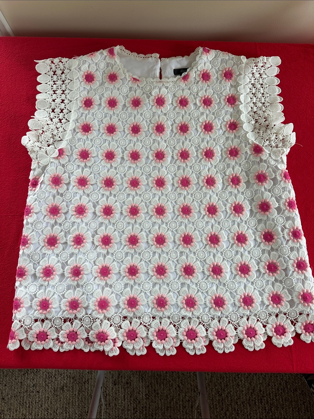 J. Crew White and Pink Crochet Floral Top Size L